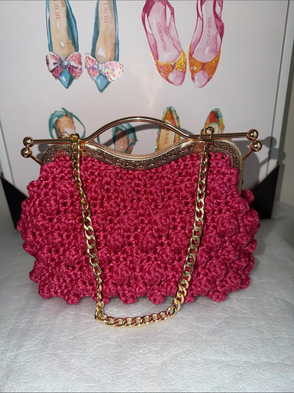Pink Crochet Evening Clutch with Gold Chain Handle